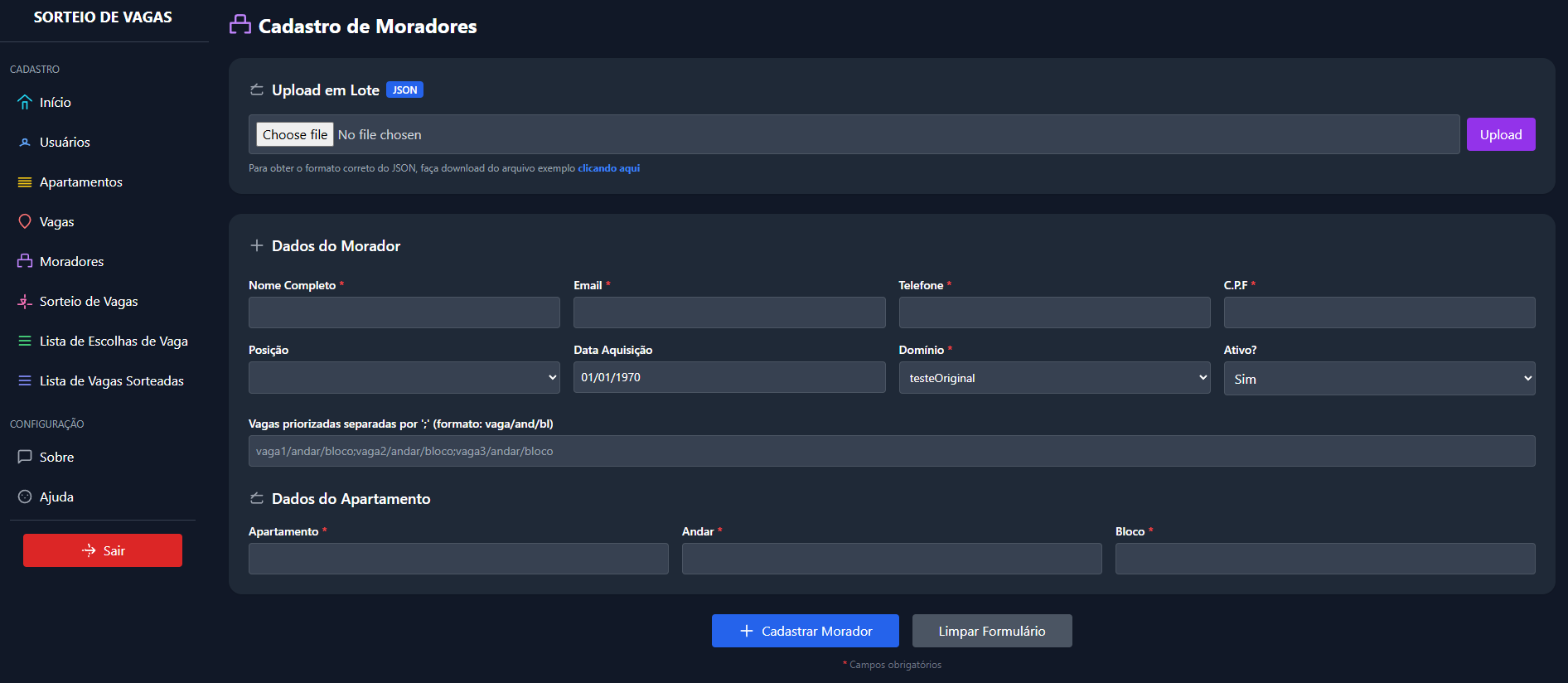 Tela de Cadastro de Moradores